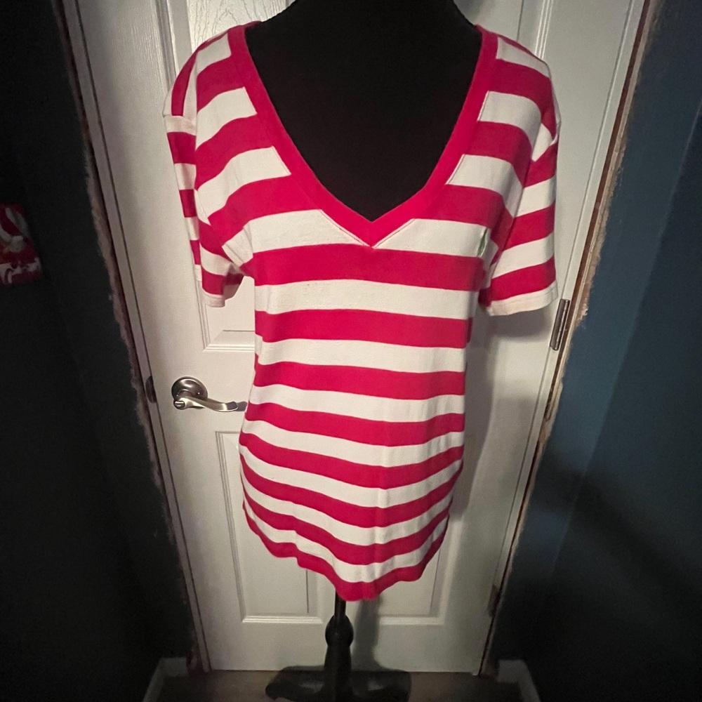 Hot Pink and White Striped Ralph Lauren Sport V-Neck T-Shirt